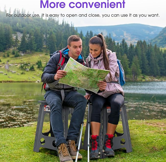 ACSTEP 17.5 Inch Folding Step Stool for Adults and Kids, Non-Slip Plastic Foldable Stepping Stool, Collapsible Folding Stool with Handle Holds Up to 400lbs for Kitchen, Dot Grey (1 Pack)