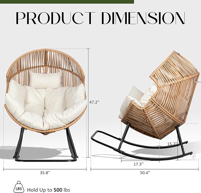 JAMFLY Egg Chair Outdoor Rocking Chairs, Wicker Patio Chair Oversized Lounger Chair with Cushion for Indoor Living Room Bedroom Outside Patio Backyard Balcony, Beige