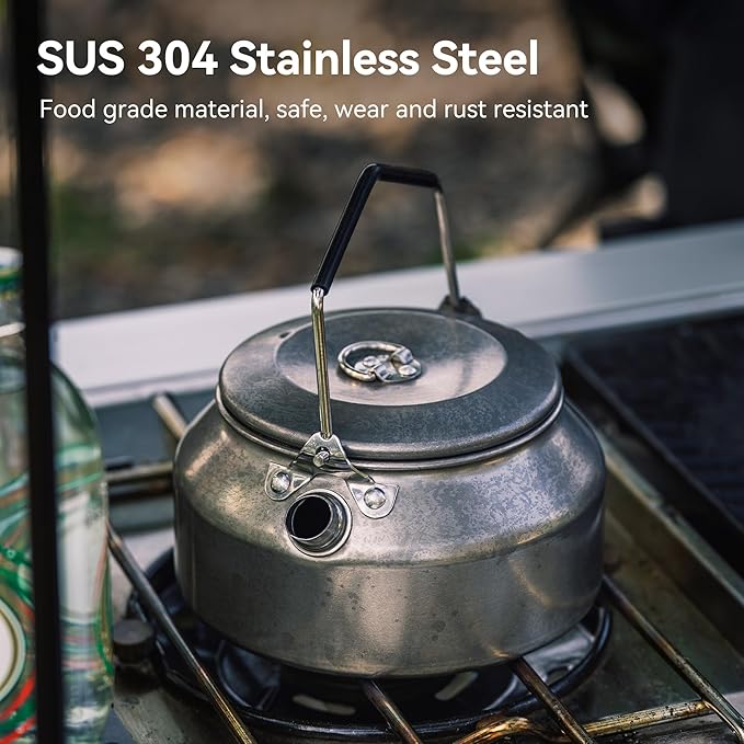 1L Camping Kettle, Portable Camp Tea Coffee Pot, Lightweight Stainless Steel Teapot, Fast Heating Boiling Water, for Outdoor Campfire Hiking Camping Picnic, Khaki