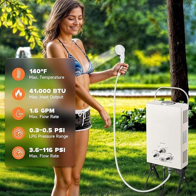 DARTMOOR LPG Portable Water Heater, Outdoor Tankless Propane Water Heater with Adjustable Flow & Showerhead, 1.6gpm Camping LPG Heater for Hot Water, Battery Powered Propane Shower Heater for Outdoor