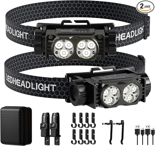 Headlamp Rechargeable 2PCS,4500L Super Bright Light Bright LED Rechargeable Headlight with White Light, Waterproof Head Lamp with Headband for Outdoor Camping, Hiking,Camping Essentials,Working