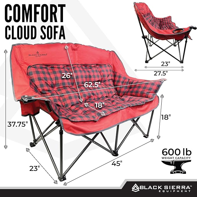 Black Sierra Double Camping Chair for Adults, Oversized Folding Loveseat Supports 600 lbs, Plush Padded Outdoor Couch with Cup Holders and Carry Bag for Beach, Patio, RV, or Tailgating Events