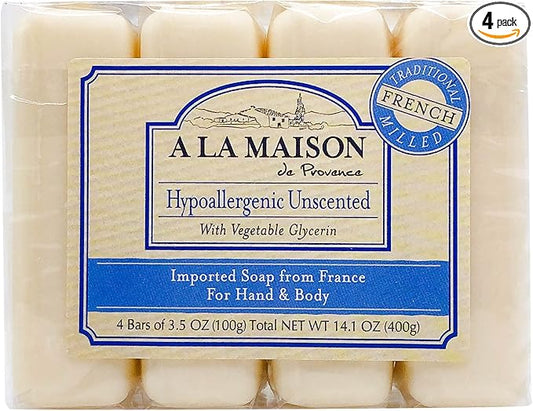 A LA MAISON Hypoallergenic Unscented Bar Soap - Triple French Milled Natural Moisturizing Hand Soap Bar (4 Bars of Soap, 3.5 oz)