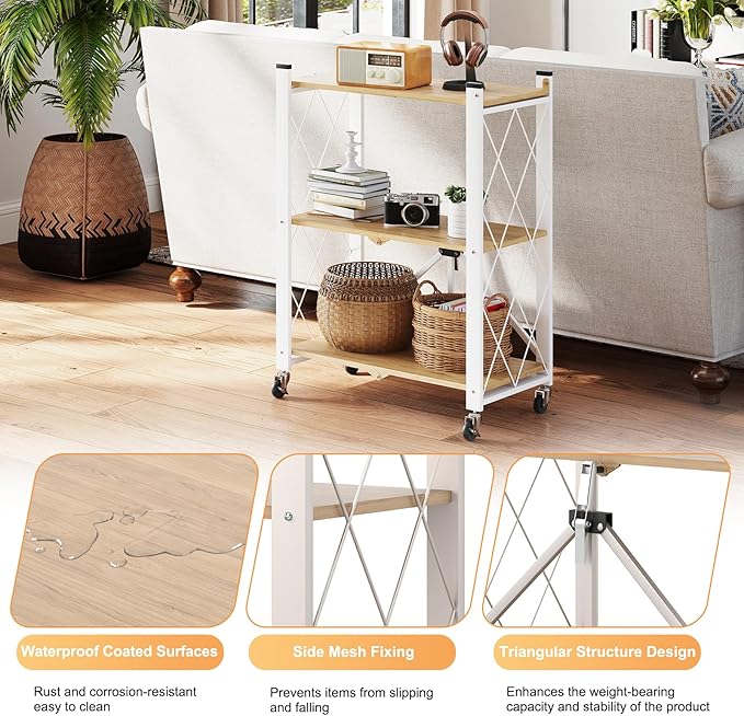 3 Tier Folding Shelf with Wheels, Metal Steel Collapsible Shelves, Folding Bookshelf no Assembly, Portable Folding Storage Shelves, Rolling Standing Utility Rack for Kitchen, Office, Bedroom, Natural