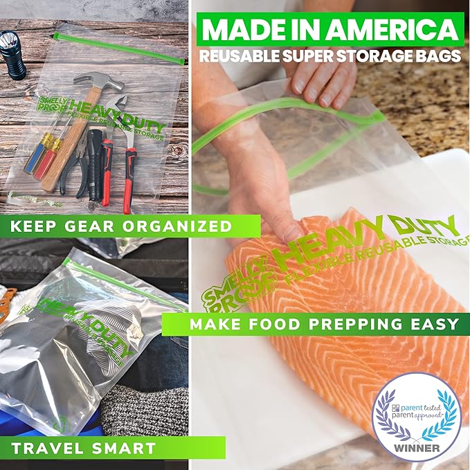 50 PACK, Heavy Duty 5mil Thick REUSABLE Food Freezer STORAGE BAGS by Smelly Proof, Extra X-Large, US-Made, Non-Silicon, No PEVA, BPA FREE, Dishwasher-Safe, Triple Zip, XXL 2-Gallon 12" x 16" - 50 pcs