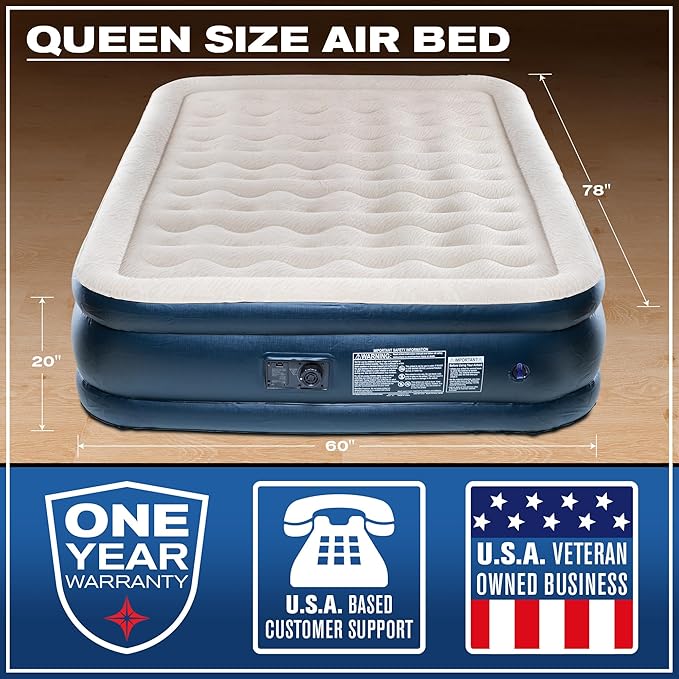 Pittman - 20" Luxury Air Mattress Queen with Built in Pump - Premium Comfort Queen Size Blow up Mattress - 700lb Capacity - Ideal for Home Visits, Guests, Travel or Camping - Includes Carry Bag