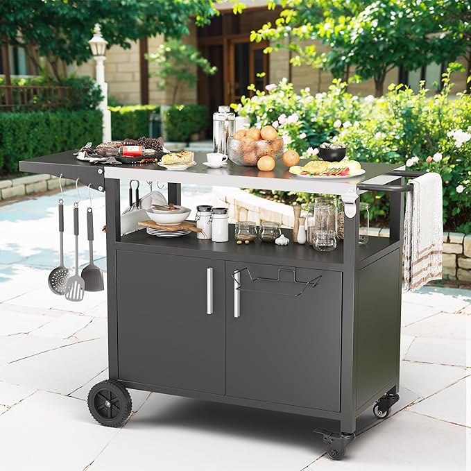 JY QAQA Outdoor Grill Cart with Storage,Patio Kitchen Island Outdoor Grill Table with Wheels,BBQ Cart Movable Pizza Oven Table Stand, Storage Cabinet, Foldable Tabletop, (Black)
