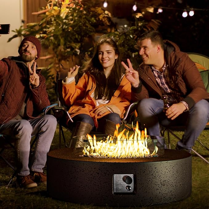 COSIEST 42 inch Outdoor Propane Fire Pit Coffee Table w Concrete Round Base Patio Heater, CSA Certified, 50,000 BTU Stainless Steel Burner, Free Lava Rocks, Wind Guard, Rain Cover