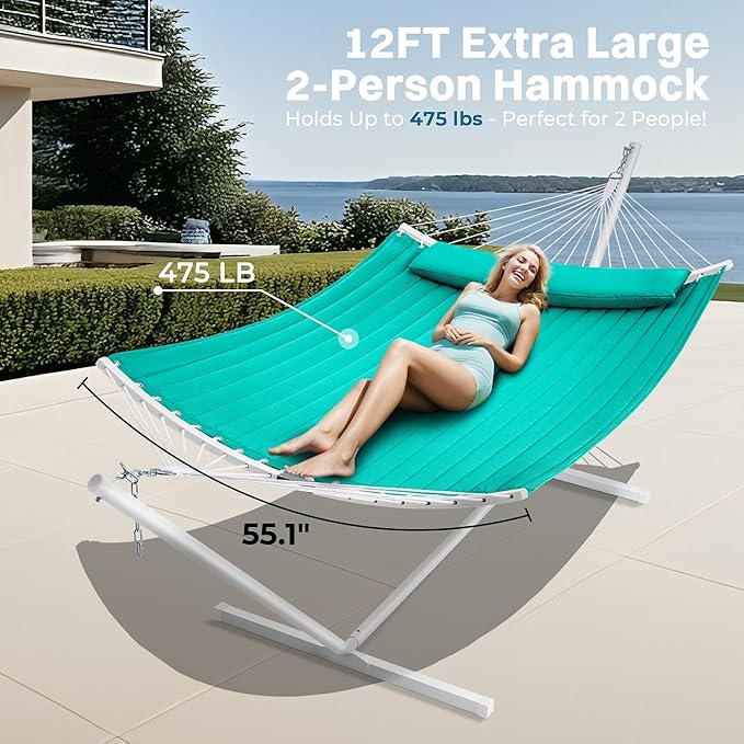SUPERJARE Hammock with Stand, 2 Person Heavy Duty Hammock with Padded Cotton, Detachable Pillow & Strong Curved-Bar & Portable Carrying Bag, Perfect for Outdoor & Indoor, Turquoise