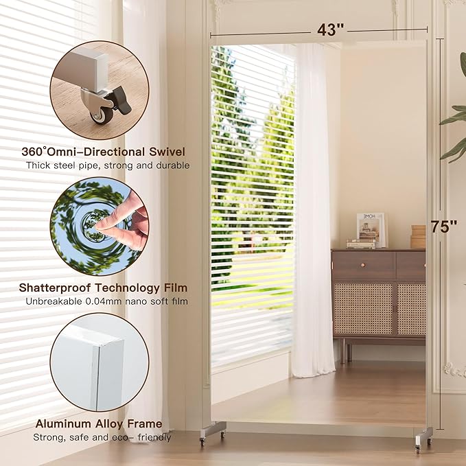 brisafe Home Gym Mirror 360° Swivel on Wheels, 75" X 43" Extra Large Nano Film Super Lightweight Unbreakable Full Length Mirror for Yoga Room, Dance Studio（ Silver）