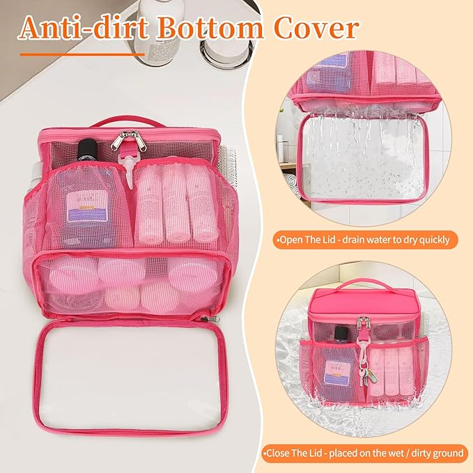 CUBETASTIC Shower Caddy Portable Mesh Shower Tote for Bathroom, Gym, Travel, Camping - Quick Dry Hanging Organizer Toiletry Bag with Handle for College Dorm Room, Men & Women (A# Hot Pink, 9.8")