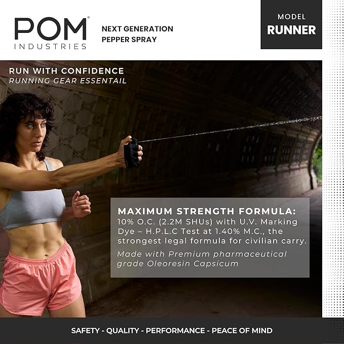 POM Pepper Spray Runner Model - Max Strength OC Spray - Athletic Stretch-Fit Glove, Breathable & Ambidextrous Design, Essential Runners Safety Gear, Flip Top, 35+ Bursts, 10-12 ft Range
