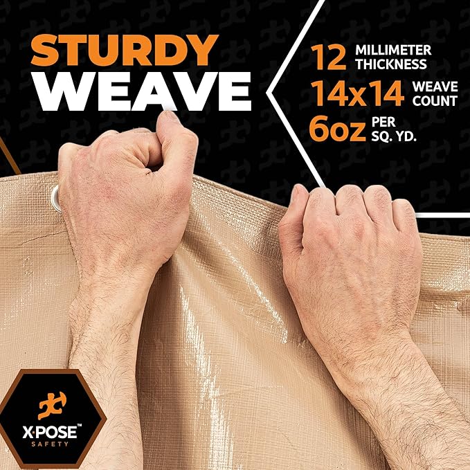 Heavy Duty Tan Poly Tarp 15' X 20' - Multipurpose Protective Cover - Durable, Waterproof, Weather Proof, Rip and Tear Resistant - Extra Thick 12 Mil Polyethylene - by Xpose Safety