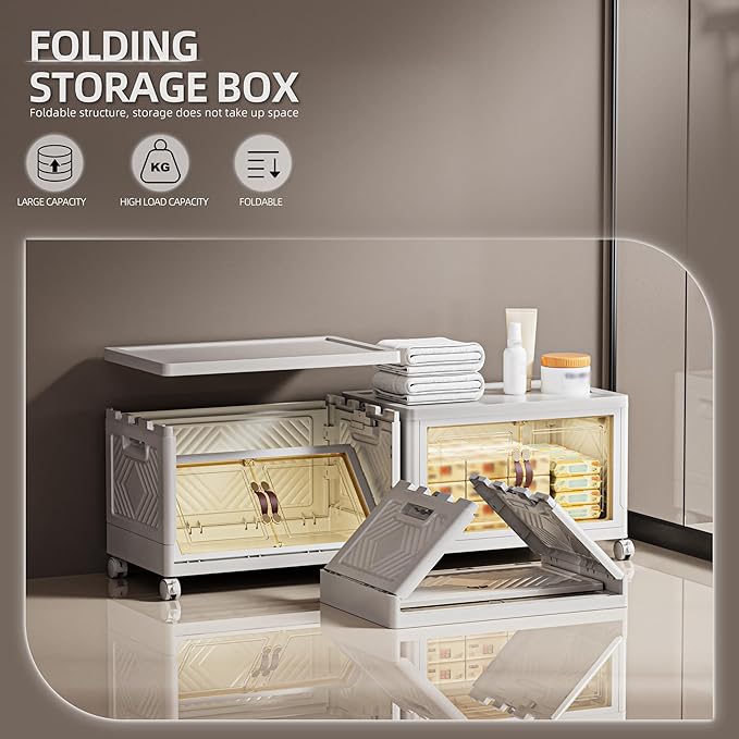 68 QT / 17 Gal White Storage Bins with 1 Lid - Collapsible Stackable Cabinet Organizer w/Wheels & Magnetic Doors, Plastic Storage Box for Office Closet Organization