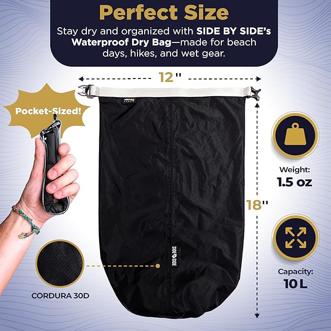 Waterproof Small 10L Dry Bag for Kayaking, Hiking, Beach & Camping | Lightweight Durable Side Bag, Black, Small, Lightweight (1.65 Oz)