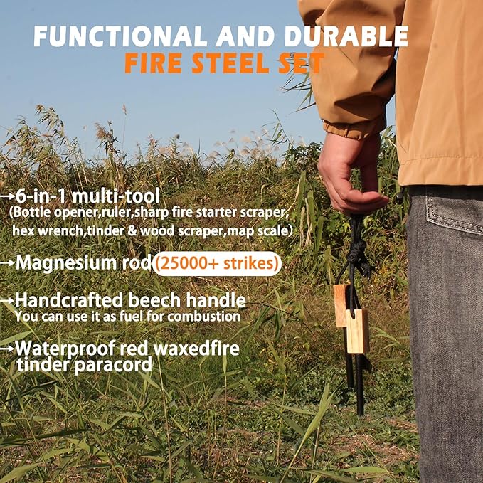 Fire Starter (2 Packs), All-Weather Magnesium Ferro Rod for Camping and Hiking, Emergency Survival Kits with Waxed Fire Tinder Paracord (28inch)&Beech/Pine Handle&&6-in-1 Multi-Tool