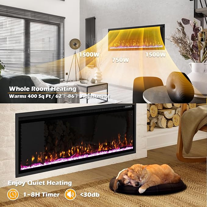BREEZEHEAT 50 Inch Electric Fireplace-Recessed & Wall Mounted Linear Fireplace-750/1500W Heater w/Temperature Control, Log & Crystal Options, Adjustable Flame, Remote Control