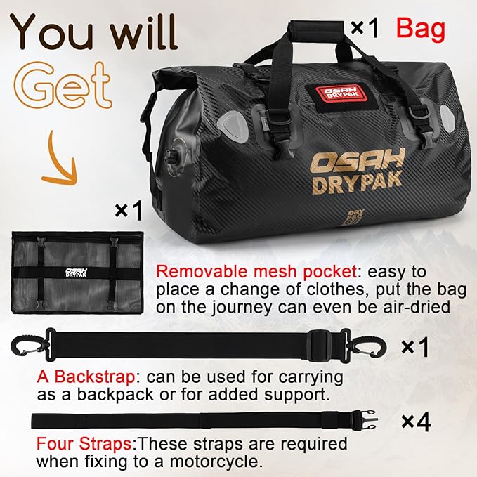 Waterproof Duffel Bag - Motorcycle Dry Bag Tail Bag with Large Storage Space, Waterproof Luggage Duffle Bags with Outer Mesh Zipper Pocket for Camping, Kayaking, Fishing & Traveling
