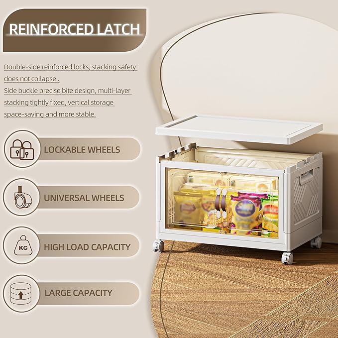 84 QT / 21 Gal Magnetic Door Storage Bins Collapsible Stackable w/1 Lid, Heavy Duty Plastic Cabinet with Wheels for Home Office Organization (White)