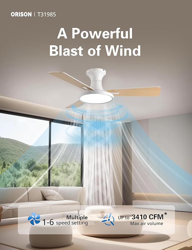 Orison Ceiling Fans with Lights, 42 inch Low Profile Ceiling Fan with Light and Remote Control, White Bedroom Ceiling Fans with Light,3CCT,Reversible,Dimmable,Noiseless,Indoor/Outdoor Use