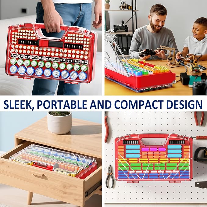 Battery Organizer Storage Holder Box Case with Tester, New Ultra-Large 285+Batteries Double-Sided Variety Pack, Holds AA AAA 4A C D Button Cell 9V 3V Lithium18650 CR2 CR123 CR1632 LR44 (Red)
