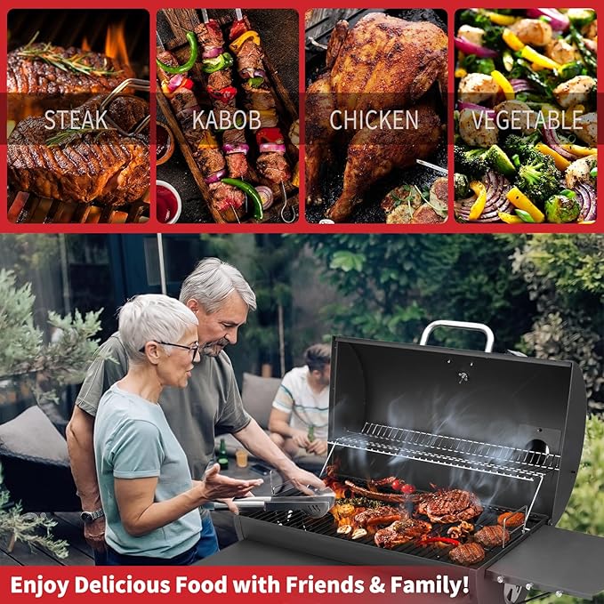 Barrel Charcoal Grill, Large Charcoal Grills with Front and Side Shelf, 627 Square Inches Cooking Grid, Outdoor BBQ Grill, Perfect for Backyard Camping, Patio Parties, and Picnics