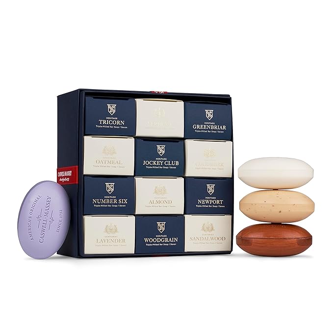 Caswell-Massey Natural Bar Soap for Men & Women, Moisturizing Body Soap Bar for All Skin Types, Made with Essential Oils & Plant-Based Formula for Soft Skin, Multi Scents, 12 Bars x 5.8 oz Gift Set