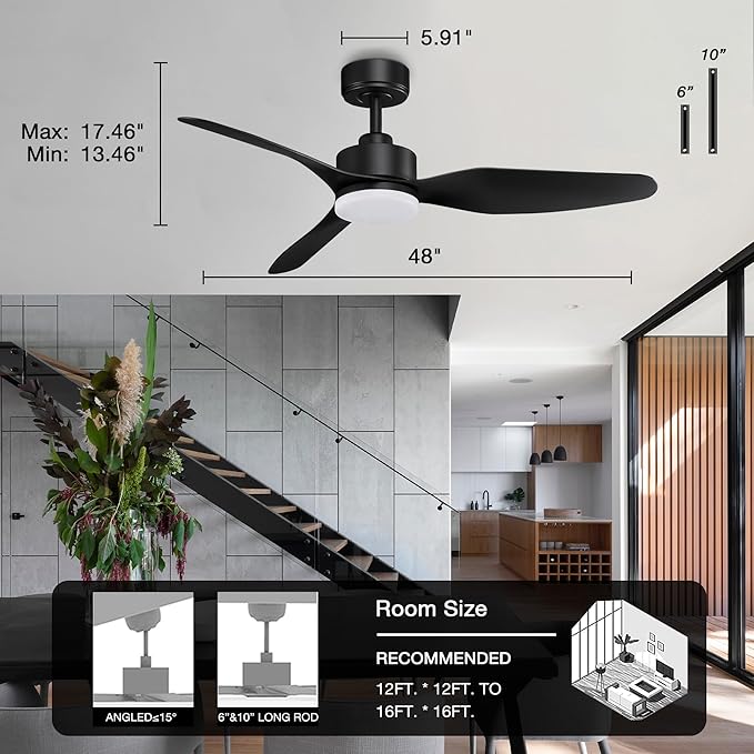48” Smart Ceiling Fans with LED Lights Remote,Quiet DC Motor,Dimmable,Outdoor Indoor Modern Ceiling Fan Controlled by WIFI Alexa App,3 Black Blades for Bedroom Living Room Patio Porch