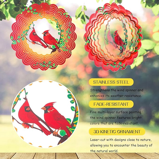 Cardinal Wind Spinners Garden Yard Decor Gift for Women Men, 12 Inch Outdoor Metal 3D Wind Spinner, Stainless Steel Hanging Wind Catchers Kinetic Sculpture for Outside Decoration