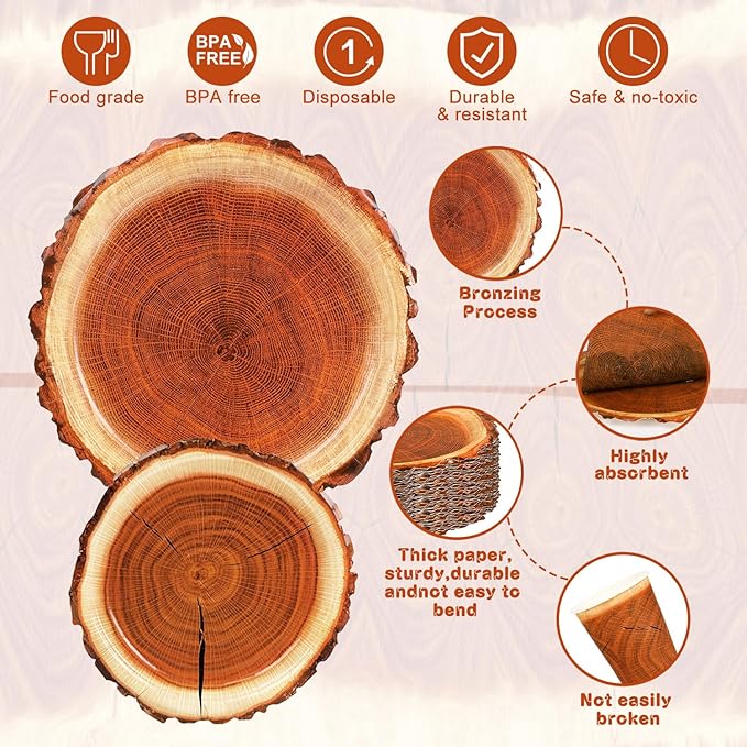 200 Pieces Camping Wood Grain Slice Party Supplies Set Paper Plate Cup Napkin for Camping Woodland Baby Shower Lumberjack Birthday Featuring a Round Wooden Slice Die Cut Edge Design Serve 25
