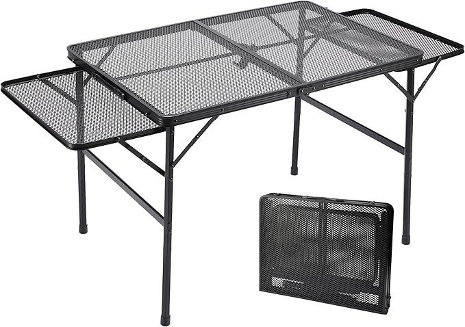 Folding Family Camping Table with 2 Wing Panels, Metal Grill Table with Mesh Tabletop, 2 Adjustable Heights, Large Picnic & Outdoor Table, 2 Side Shelves, Lightweight (4.4 FT, Black)