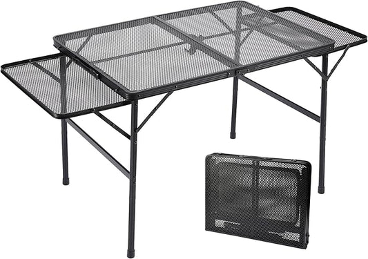 Folding Family Camping Table with 2 Wing Panels, Metal Grill Table with Mesh Tabletop, 2 Adjustable Heights, Large Picnic & Outdoor Table, 2 Side Shelves, Lightweight (4.4 FT, Black)