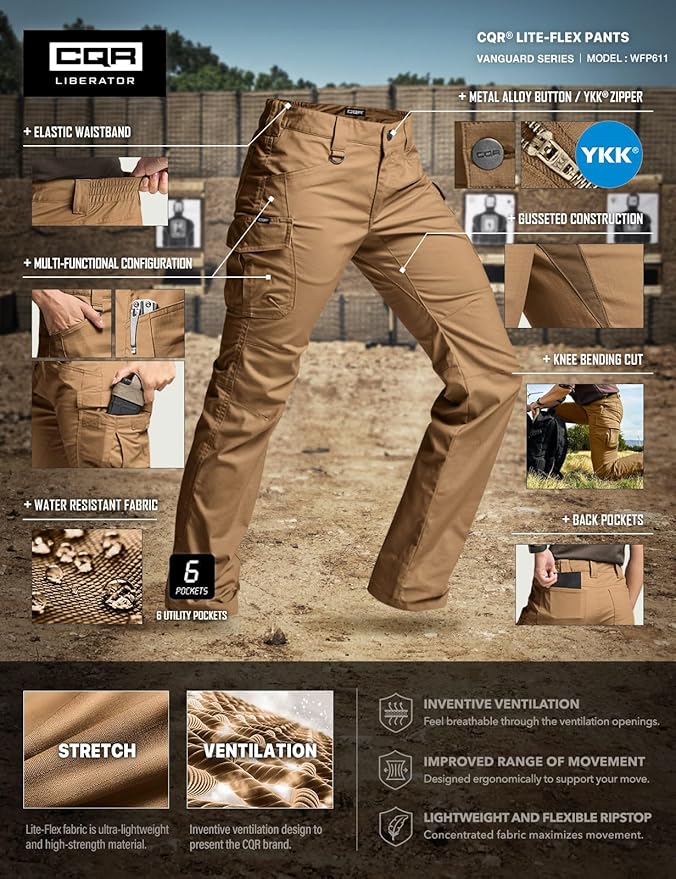CQR Women's Flex Stretch Tactical Pants, Water Resistant Ripstop Cargo Work Pants with Pockets for Outdoor & Hiking