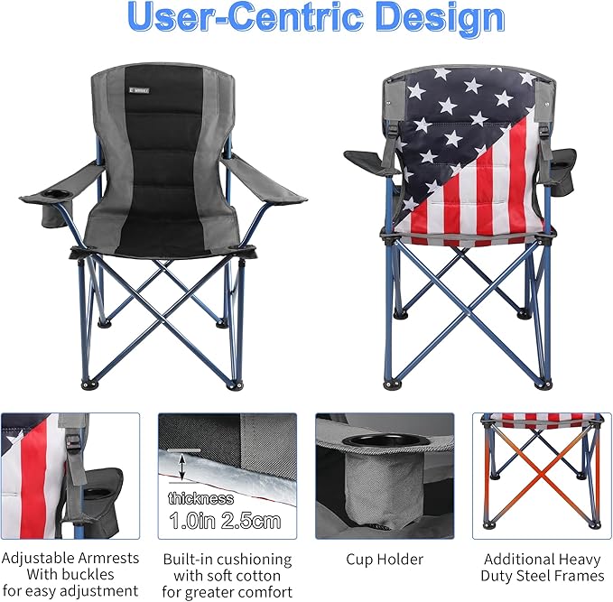 2 Pack Camping Chairs with Adjustable Umbrella-Folding Lawn Chair with American Flag Backrest-Heavy Duty Padded Camping Chair for Beach,Black
