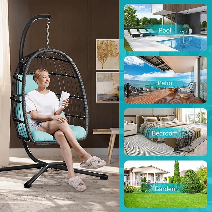 LEVELEVE Egg Chair with Stand,Patio Rattan Wicker Hanging Swing Egg Chair Hammock Chair for Bedroom Porch Garden,Thickened Aluminum Alloy Steel Frame and UV Resistant Cushion,350LBS Capacity