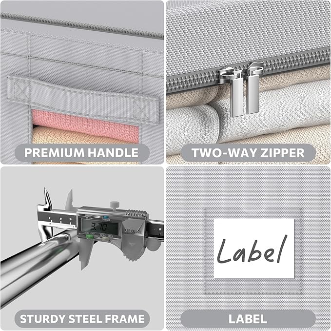 3Pack Frame Storage Box - Clothes Storage Bin Bags Oxford Fabric Foldable Stackable Container Organizer Set with Clear Window & Carry Handles (Grey, Medium-44L)