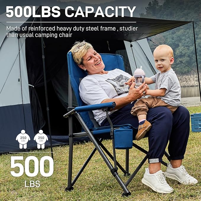 EVER ADVANCED Oversized Folding Camping Chair for Adults, Heavy Duty Lawn Chair with Side Pockets, Portable Collapsible Quad Chair for Outside, Support Up to 500lbs