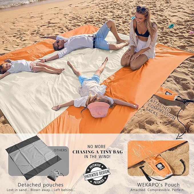WEKAPO Beach Blanket Sandproof Waterproof, Extra Large Beach Mat, Oversized & Compact Sand Free Mat Quick Drying, Lightweight & Durable with 6 Stakes & 4 Corner Pockets
