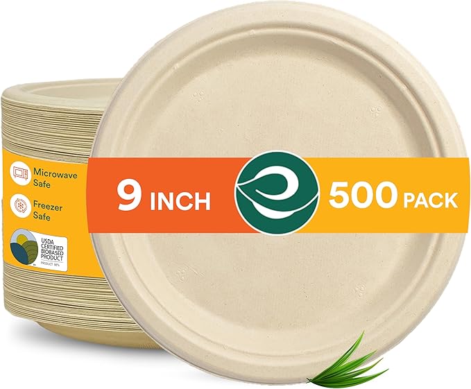 ECO SOUL 100% Compostable 9 Inch Paper Plates 500 [4x125 Pc] Disposable Heavy Duty Eco-Friendly Sturdy Dinner, Wedding, Event Plates I Biodegradable Unbleached Sugarcane Eco Plates