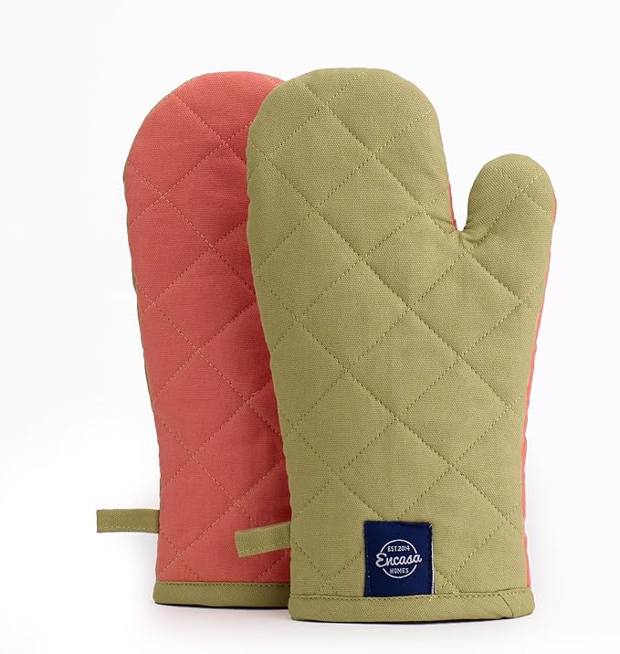 Encasa XO Heat Resistant Cotton Oven Gloves Mitts (2 Pc Set) - Quilted & Safe 12x6.6 in - for Kitchen, Cooking & Baking, Grilling, Handling Hot Pots & Pans - Sage & Coral