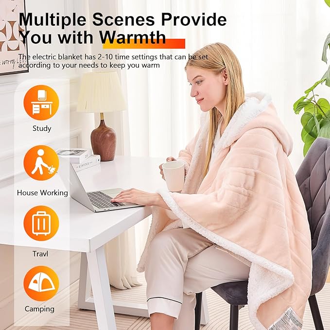 greenoak Wearable Heated Throw Blanket Electric Shawl - Heated Robe Poncho Blanket Hoodie for Adult, Winter Gifts for Mom Women Girlfriend Grandma, Warm Sherpa with Pockets, 5-Position Timer,Pink