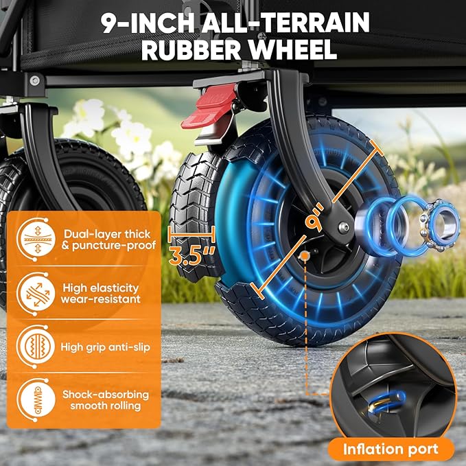 Beach Wagon with 9x3.5" Big Rubber Wheels for Sand, 350lbs Heavy Duty 200L Collapsible Utility Wagon, Easy Transport & Storage, Ideal for Sport, Camping, All-Terrain Outdoor Activities, Black