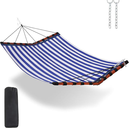 TegerDeger 12FT 2 Person Hammock Large Hammock Quick Dry 450LB Capacity with V Shaped Hardwood Spreader Bar & Nylon Rope for Outside, Patio, Garden, Backyard, Beach, Poolside - Blue Stripes