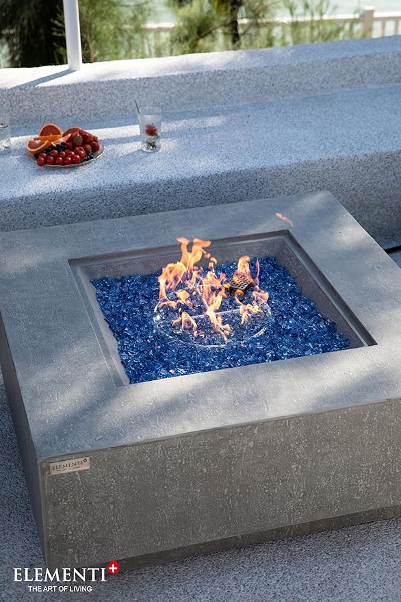 Elementi+ | Bundle Victoria Gas Fire Pit Cast Concrete 40" Square Fire Table, Outdoor Fire Pit Electronic Ignition | Canvas Cover, Fire Glass and Burner Lid Included | Light Gray | Natural Gas