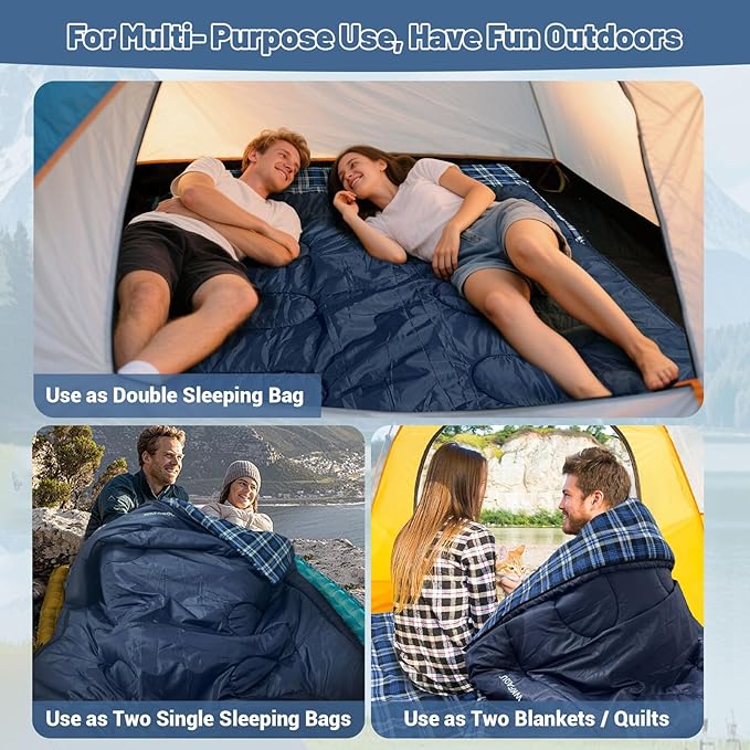 Double Sleeping Bag for Adults Machine Washable 2 Person Camping Sleeping Bag Queen Size Waterproof with Compression Sack for Cold Weather 3-4 Seasons