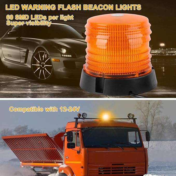 ASPL LED Warning Flash Beacon Lights, 60 LED Amber Warning Safety Flashing Strobe Lights with Magnetic and 16 ft Straight Cord for Vehicle Truck Tractor Golf Carts UTV Car Bus,12V-24V