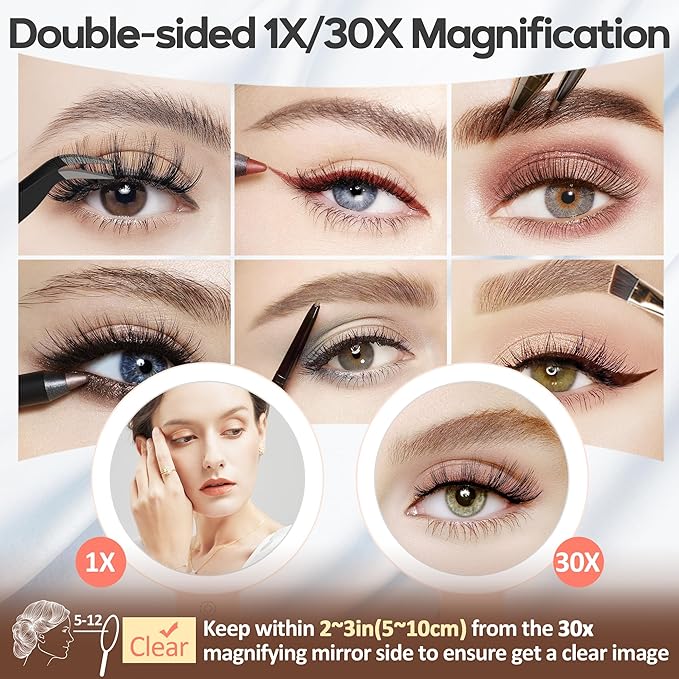 B Beauty Planet Magnifying Mirror with Light 30X, Double-Sided 1X/30X Magnifying Makeup Mirror with Tweezer, 2000mAh 3 Colour Modes with Adjustable Brightness,Foldable Compact Travel Mirror(Pink)