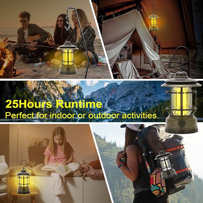 Rechargeable Portable LED Camping Lanterns, Vintage Style Tabletop Lantern, Stepless Dimming, Waterproof - Green, 2 Pack for Camping, Hanging Tent Light, and Power Outages