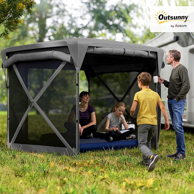 Outsunny Pop Up Gazebo Screen Tent House, 11 x 11ft with UPF30+ Removable Roof Cover, 4 Roll-up Wind Panels and Carry Bag for Camping, Patio, Backyard, Lawn, Dark Gray