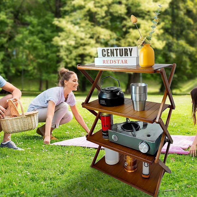 Foldable Bamboo Shelf, Folding Shoe Rack, Flower Rack, Camping Rack, No Installation Required, Portable, Space Saving, Multi-Purpose Storage Rack (Walnut, 4 Tiers)